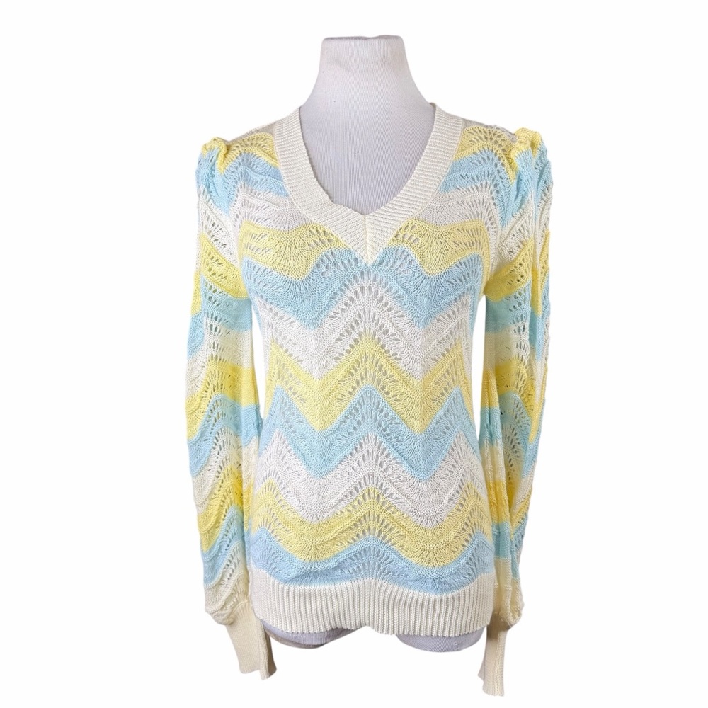 NWT French Violet Boutique Yellow/Blue/White Stripe Spring Waves Sweater - Small